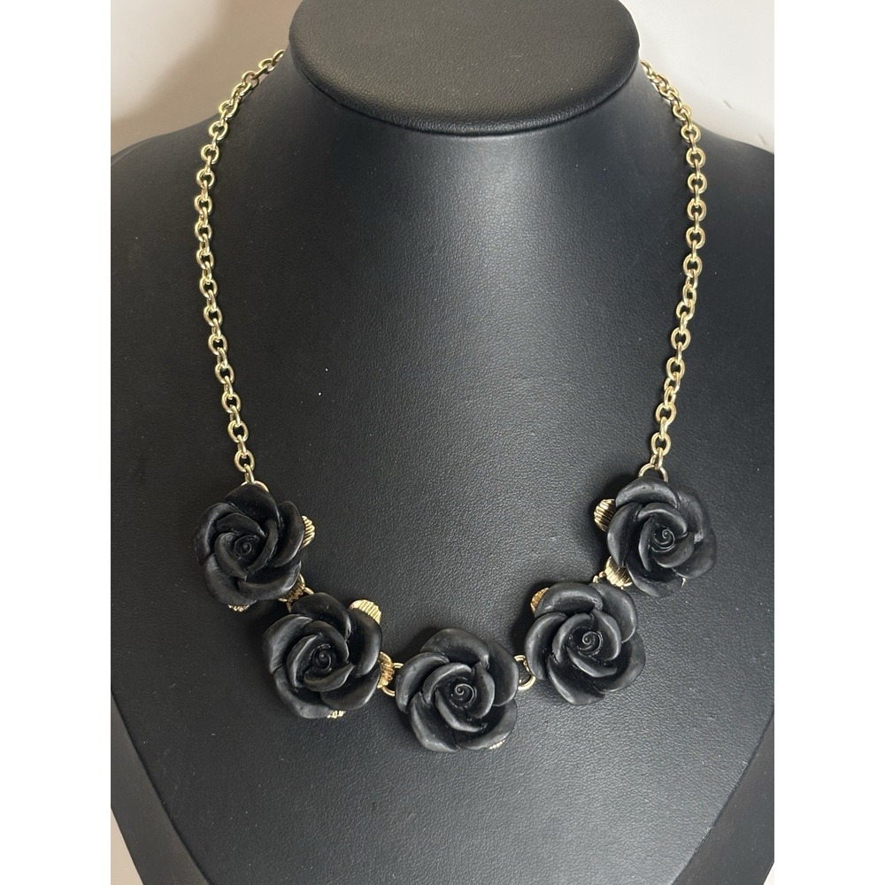90s Y2K Black Rose Statement Necklace Gold Tone Floral Gothic 19.5"